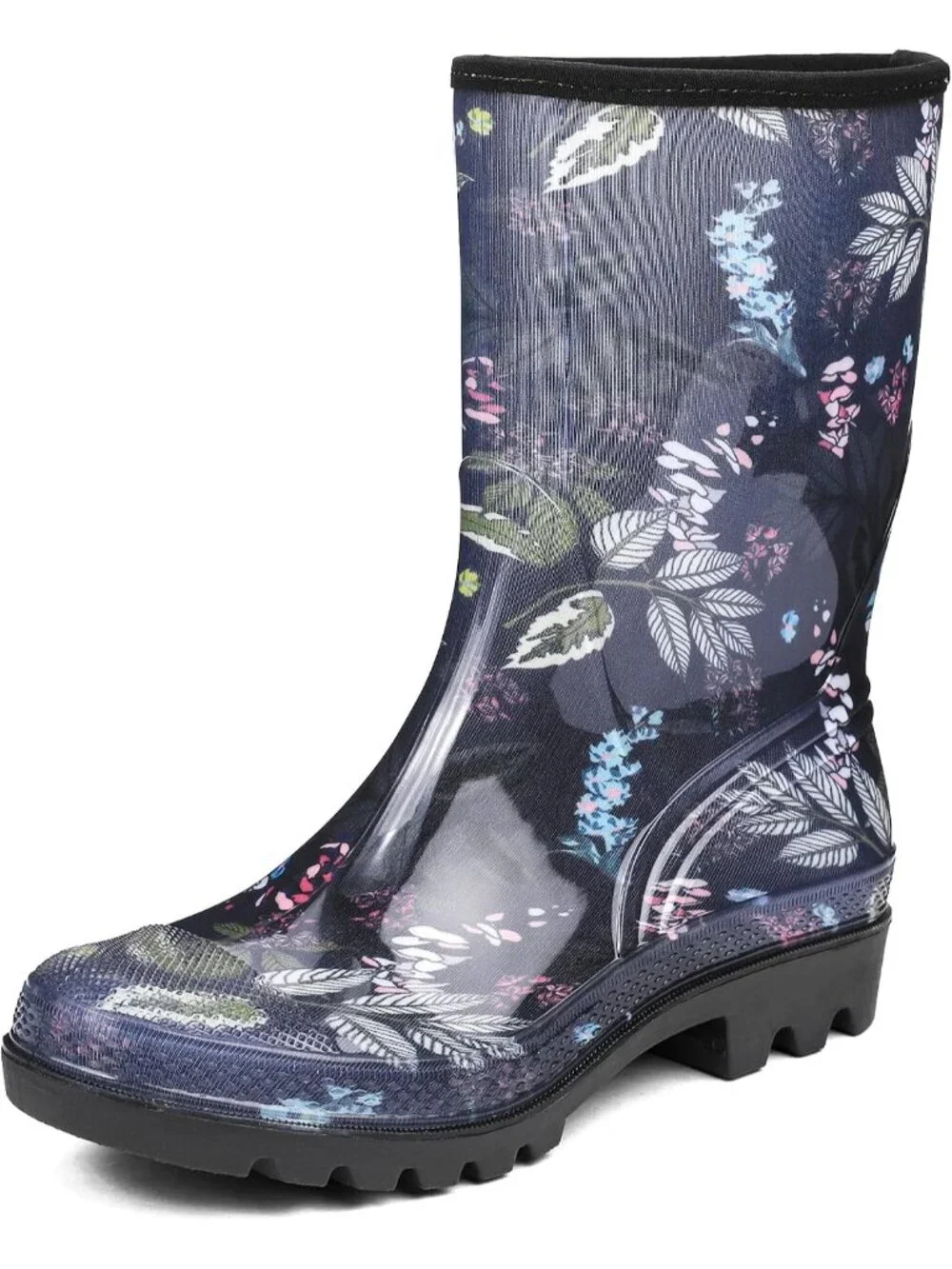Women's Blue Flower Wide Calf Waterproof Rubber Garden Cushioned Insole RainBoot